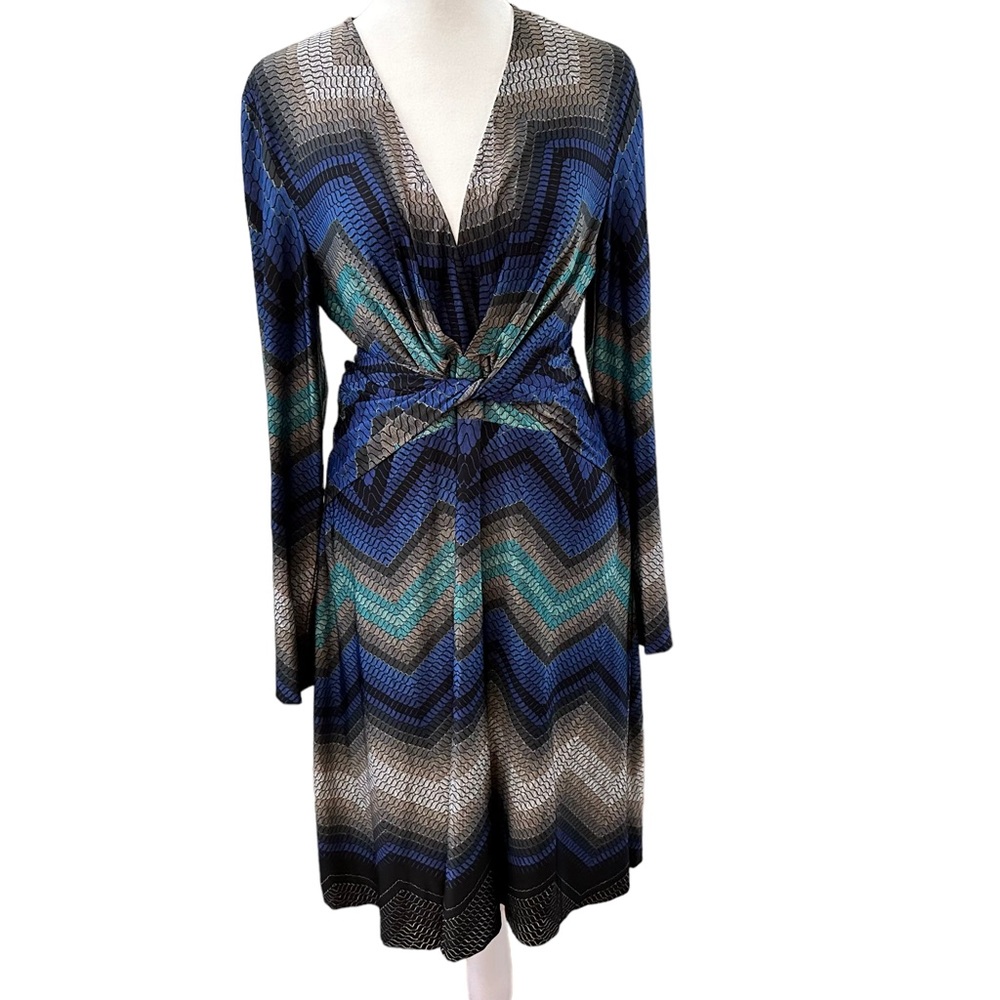 Cache Dress Large Faux Wrap Deep V Neck Long Sleeve Dress Blue